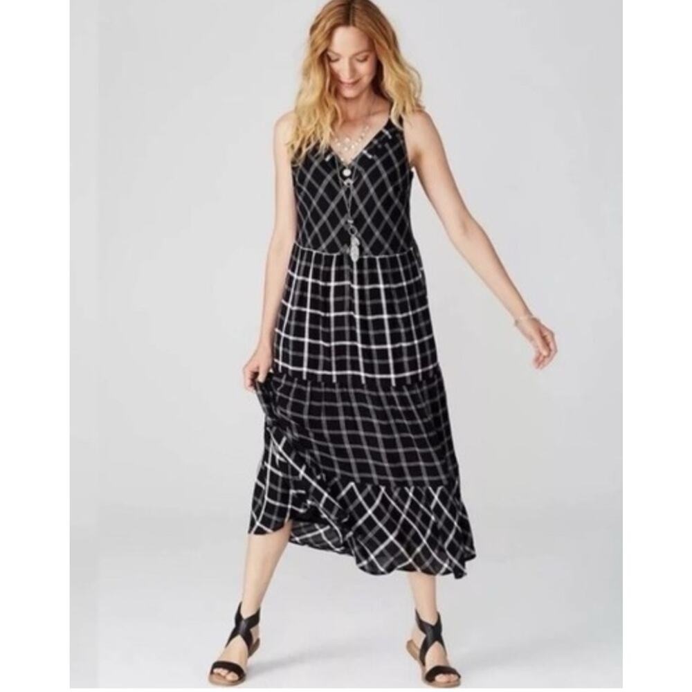J. Jill Midi Dress Black White Mixed Print Plaid Print Small Petite